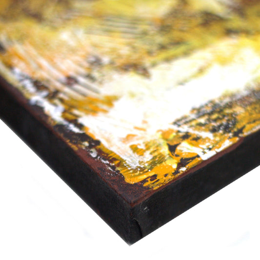 Exquisite Copper Brocade Buddha Painting – 80x60 CM, detalle de esquina en lienzo con pintura acrílica y marco de madera Durran