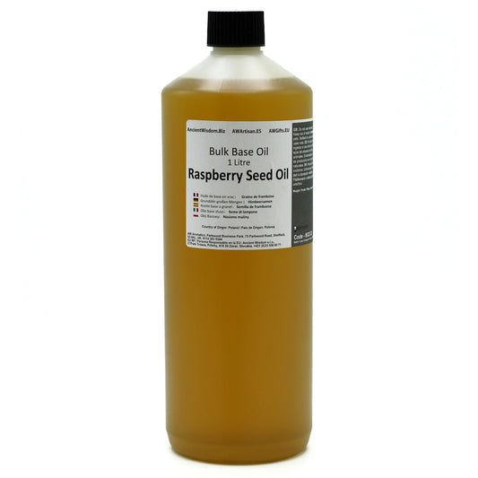 Exquisite Raspberry Seed Oil – 1 Litre bottle of raspberry seed oil, 1 litre bulk base oil with black cap and label