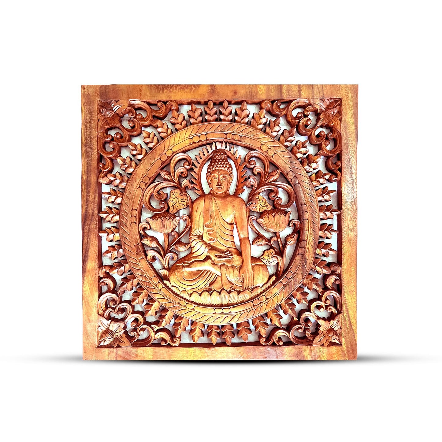 Exquisito panel de Buda en madera – 40x40 CM, panel decorativo de madera tallada a mano con Buda en relieve y marco cuadrado