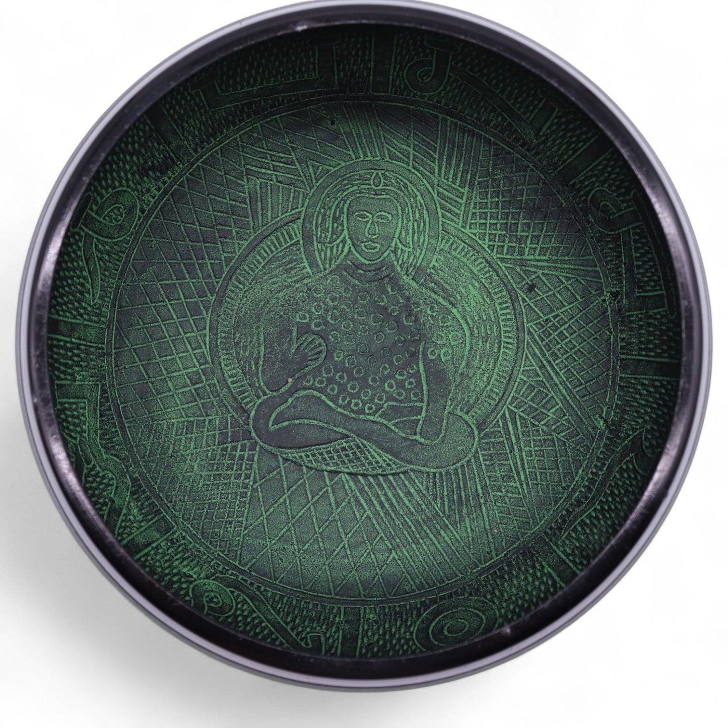 Extra högljudd Mushroom-sjungskål – Moss Green (23 × 10.5 CM, 1.3 KG), vy uppifrån av grön insida med gravyr av meditativ figur