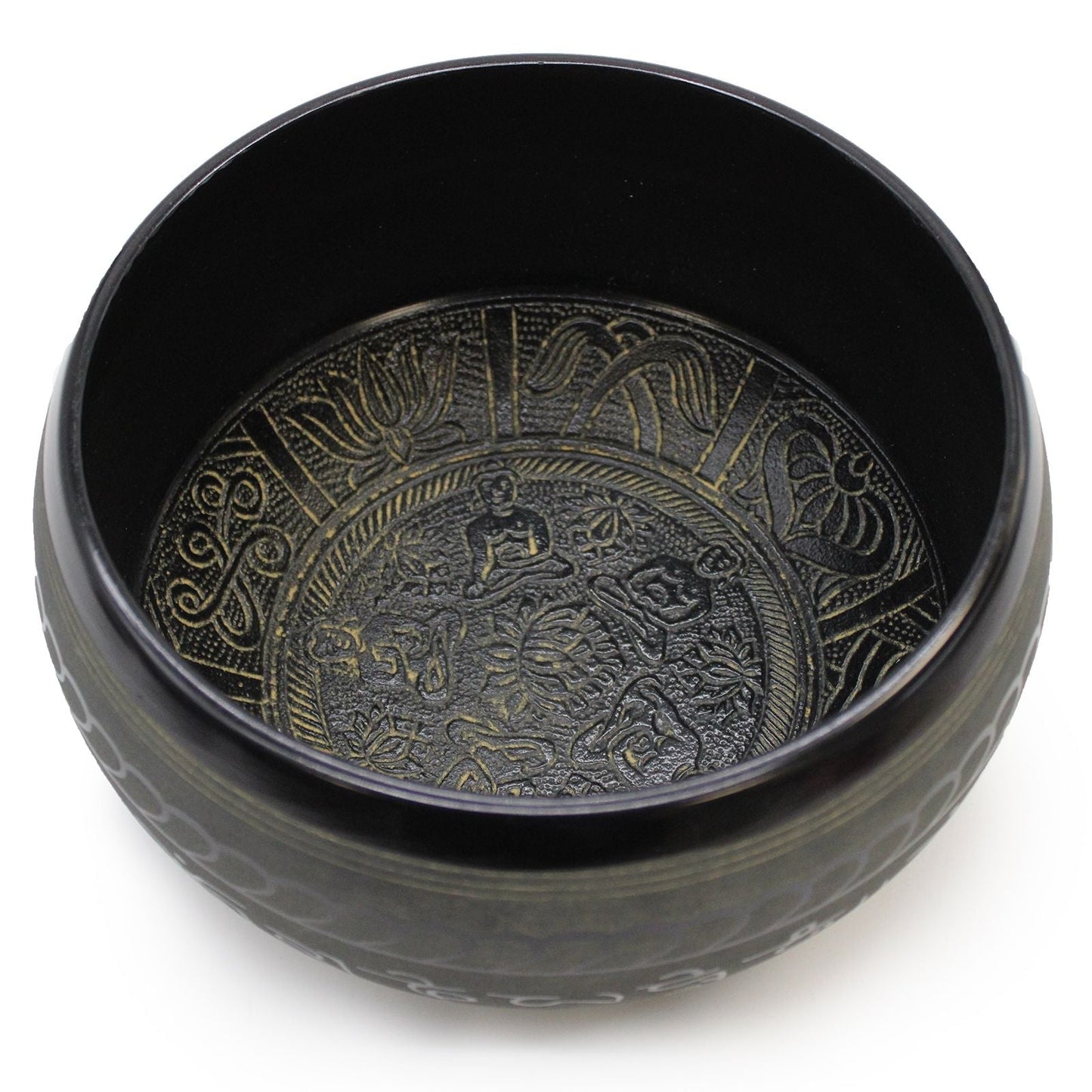 Extra Loud Singing Bowl – Five Buddha med invändig gravyr och svart finish, handgjord tibetansk klangskål från Nepal