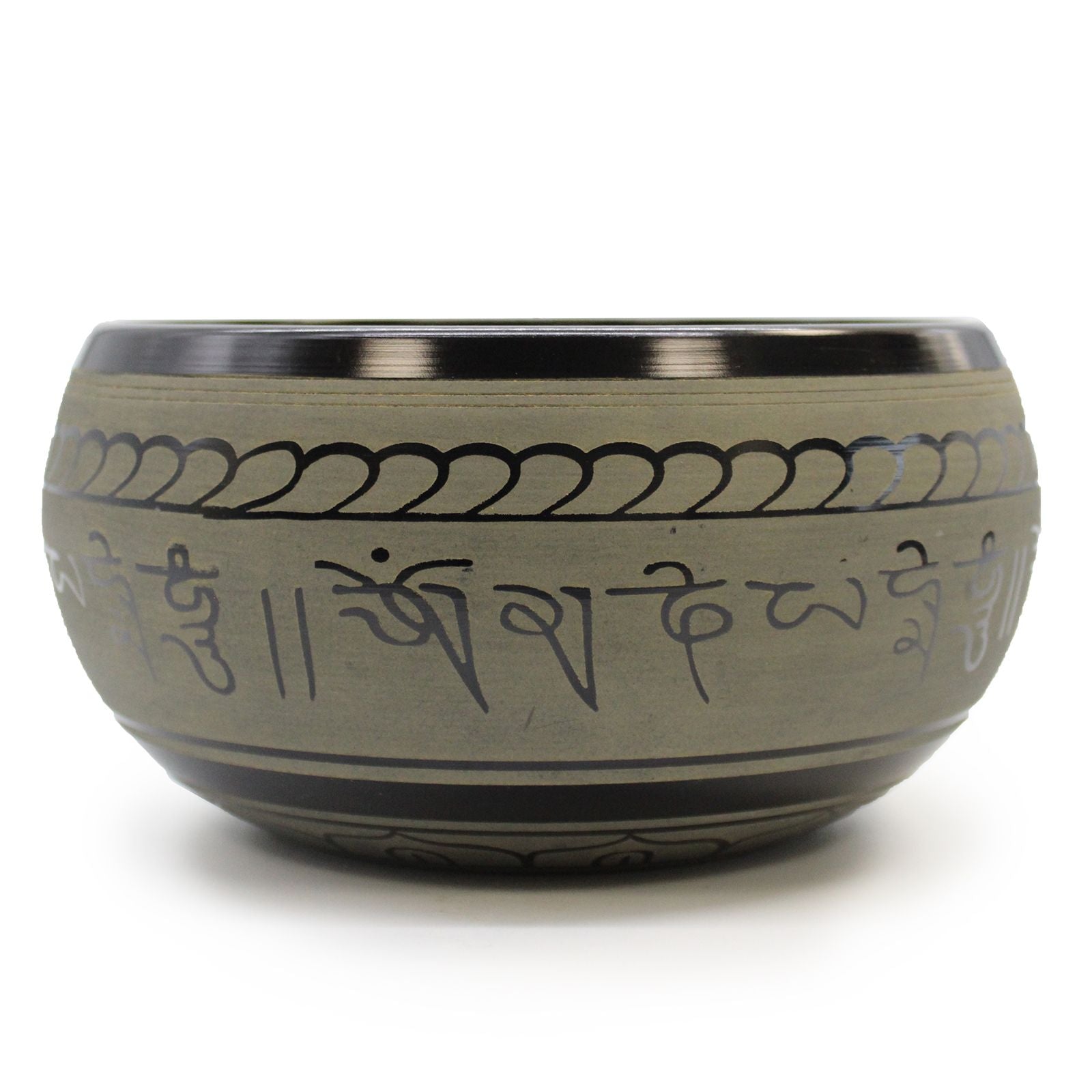 Extra högljudd singing bowl – Five Buddha, tibetansk skål graverad med mantran, handgjord metallfinish