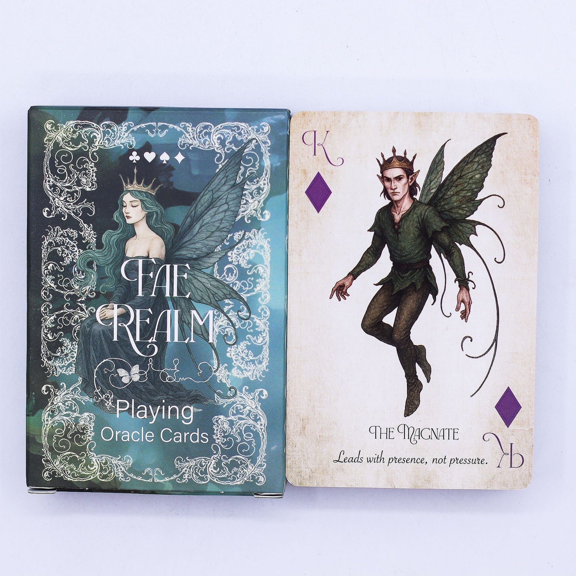 Fae Realm Oracle Cards – 54-Card Deck box and sample fairy-themed oracle card with intricate artwork