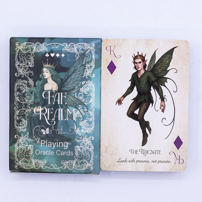Fae Realm Oracle Cards – 54-Card Deck box and sample fairy-themed oracle card with intricate artwork