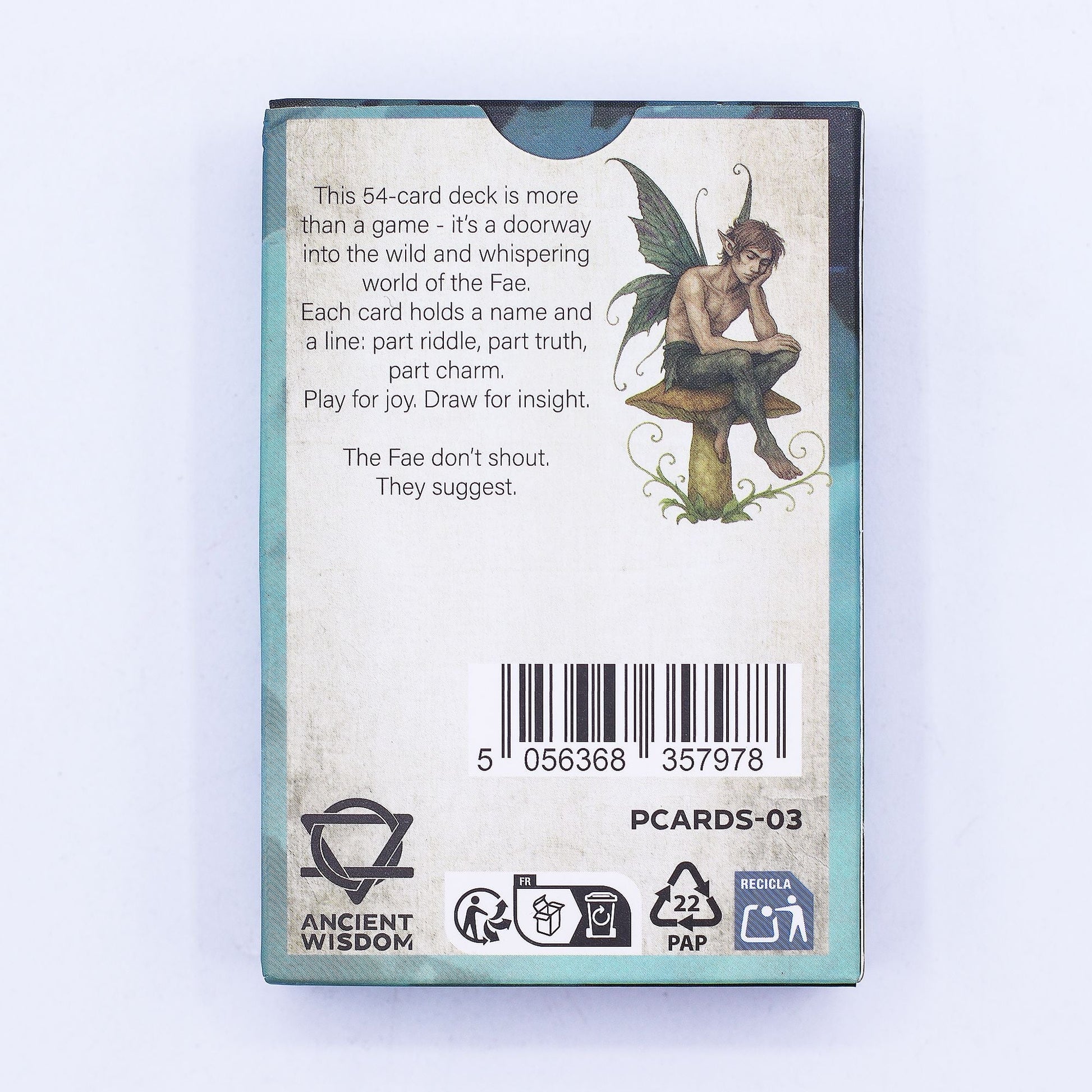 Alt Tag: Fae Realm Oracle Cards – 54-Card Deck box back with fairy illustration, 54-card deck description text, barcode and recycling icons