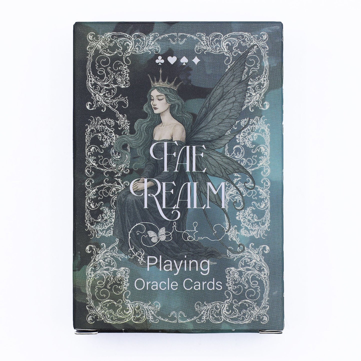 Alt Tag: Fae Realm Oracle Cards – 54-Card Deck box with fairy illustration and ornate design, Playing Oracle Cards front cover