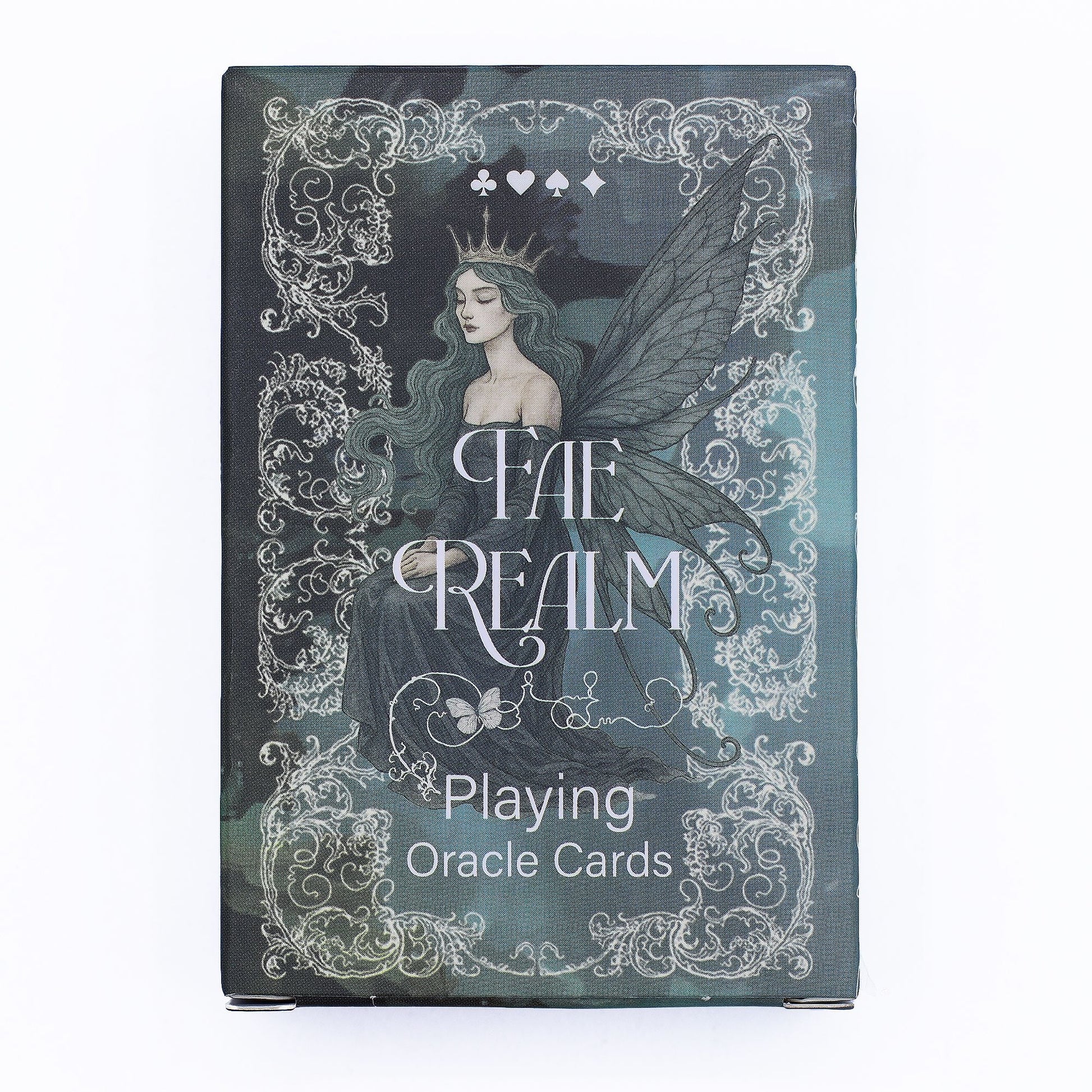 Alt Tag: Fae Realm Oracle Cards – 54-Card Deck box with fairy illustration and ornate design, Playing Oracle Cards front cover