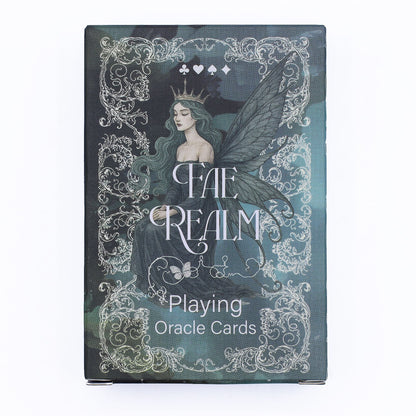 Alt Tag: Fae Realm Oracle Cards – 54-Card Deck box with fairy illustration and ornate design, Playing Oracle Cards front cover
