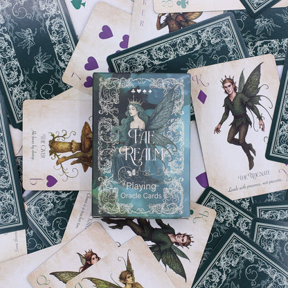 Alt Tag: Fae Realm Oracle Cards – 54-Card Deck with fairy artwork and ornate card backs displayed with playing card-style oracle cards