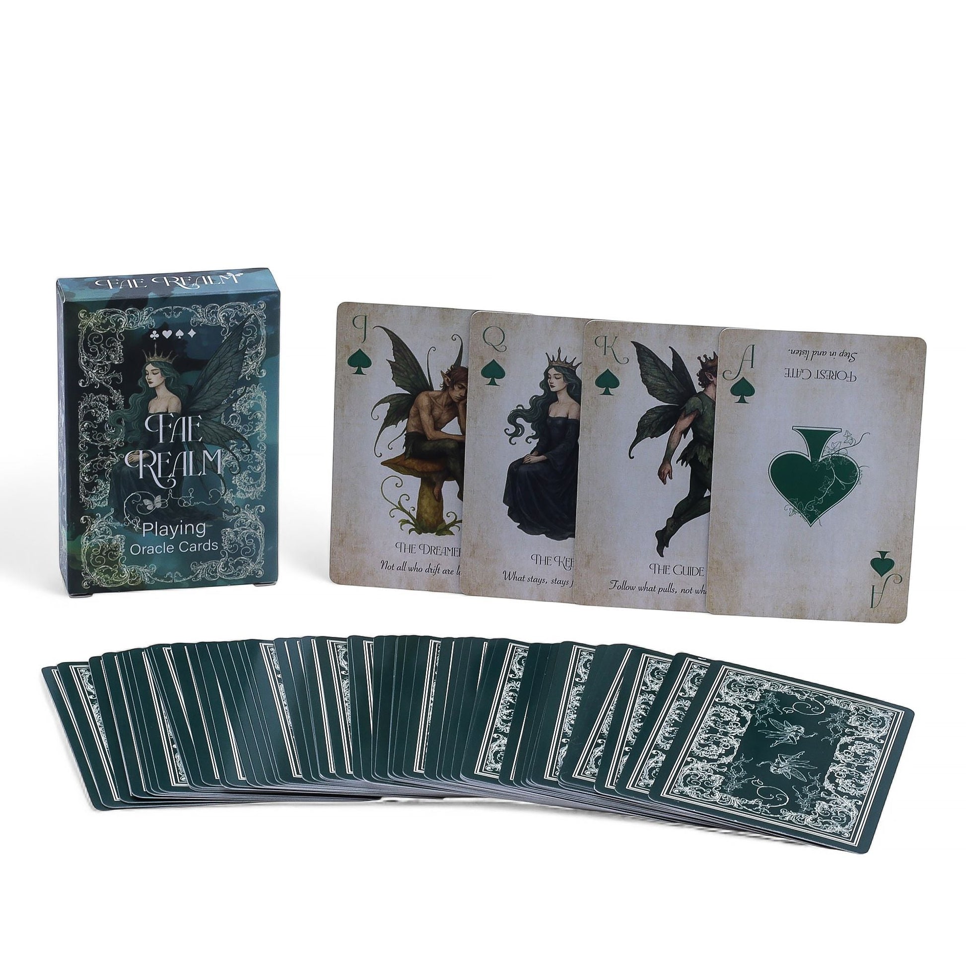 Fae Realm Oracle Cards – 54-Card Deck with fairy-themed box and illustrated oracle cards fanned out, premium 54-card set