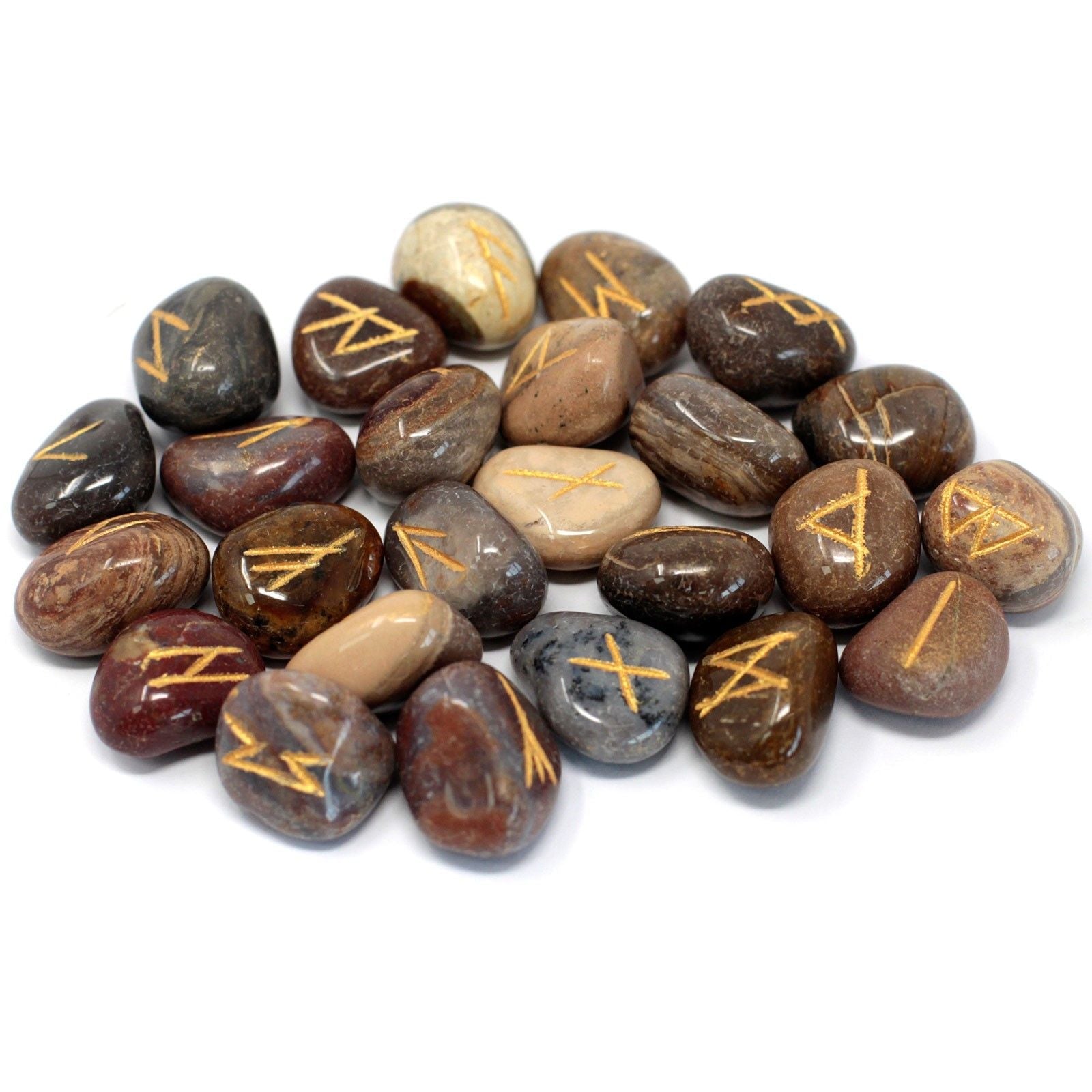 Fancy Jasper Rune Stone Set – 25 Pieces, piedras pulidas grabadas con símbolos rúnicos en tonos marrón, gris y crema
