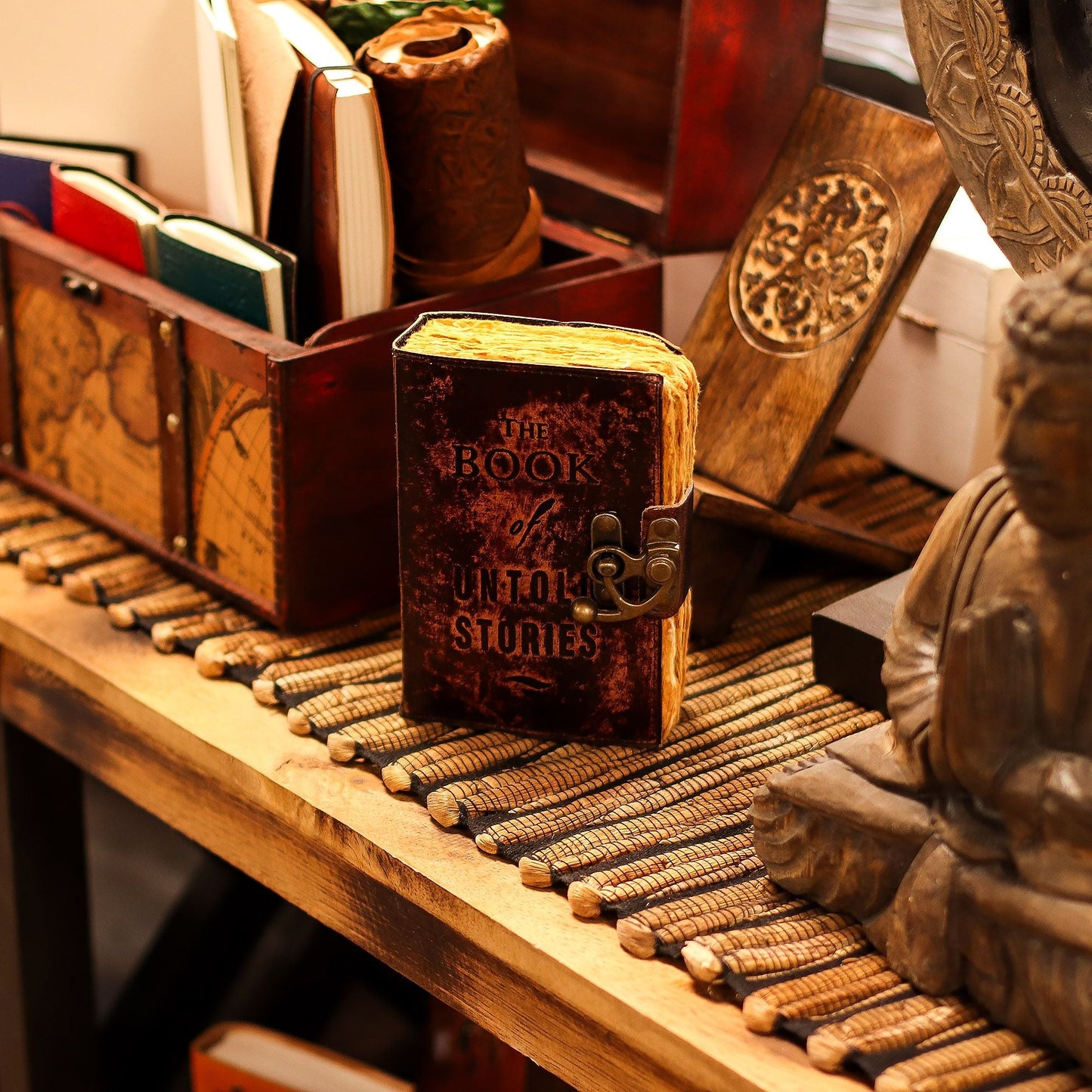 Alt Tag: Fat Deckled Leather Notebook – 15.5x10 CM, handcrafted leather journal with deckled pages on wooden desk display