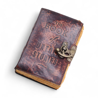 Alt Tag: Fat Deckled Leather Notebook – 15.5x10 CM, brown vintage leather journal with metal clasp and deckled page edges