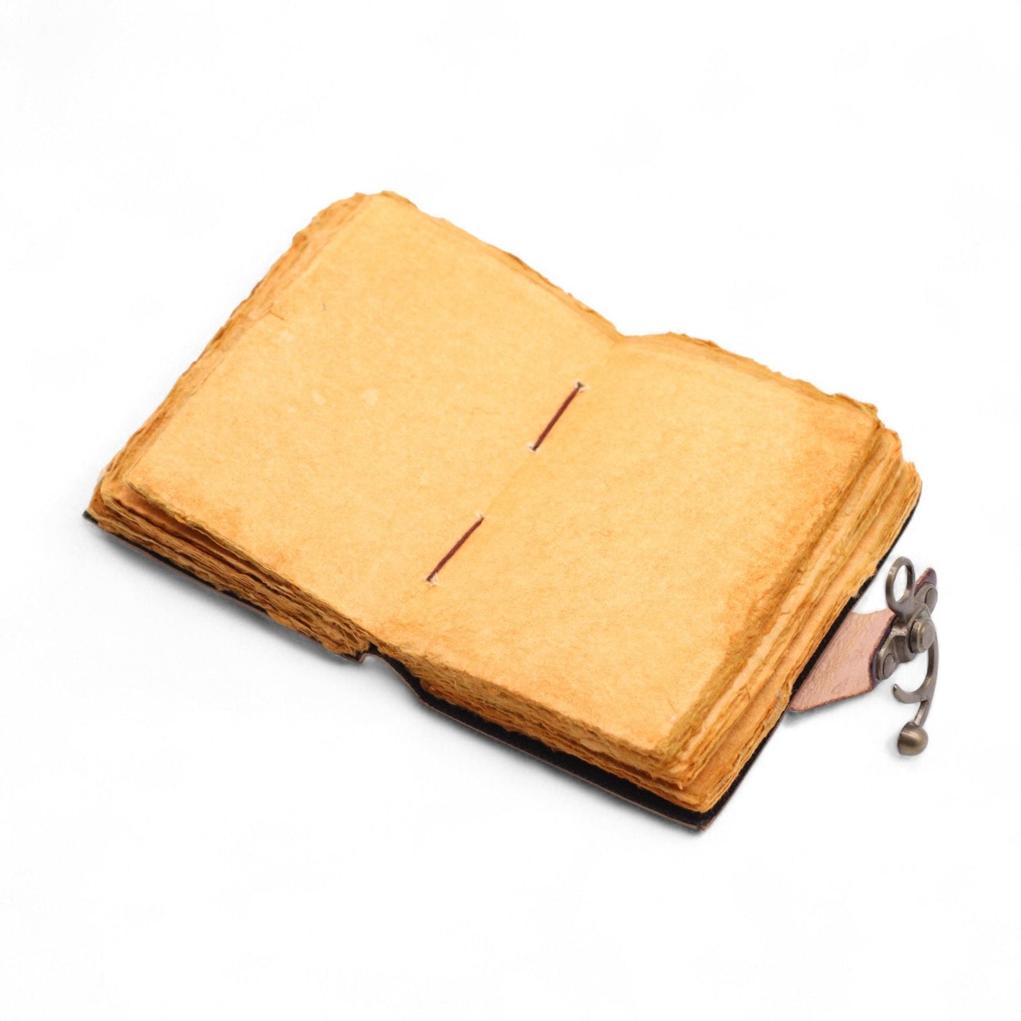 Fat Deckled Leather Notebook – 15.5x10 CM open view showing deckled paper pages and leather cover detail