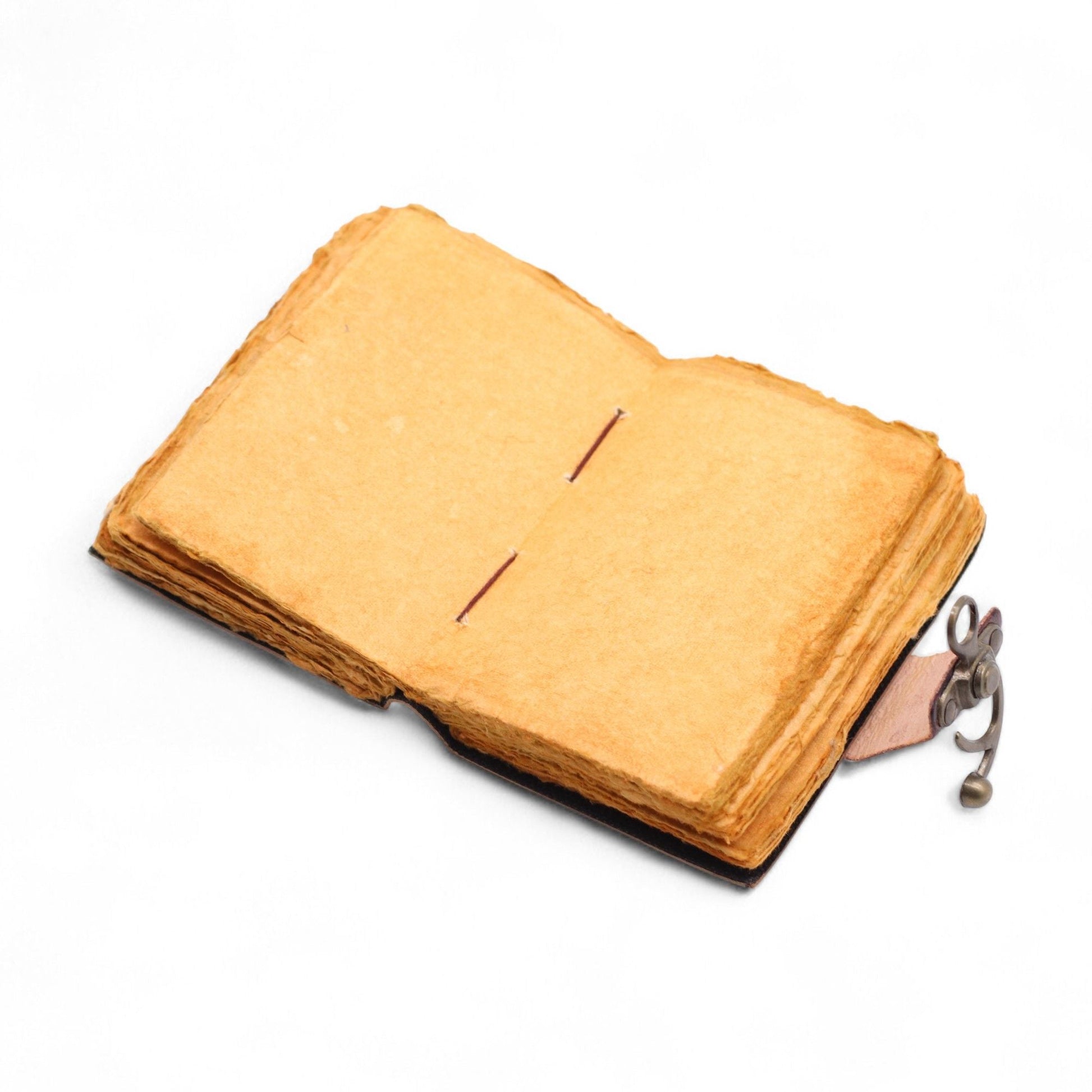 Fat Deckled Leather Notebook – 15.5x10 CM open view showing deckled paper pages and leather cover detail