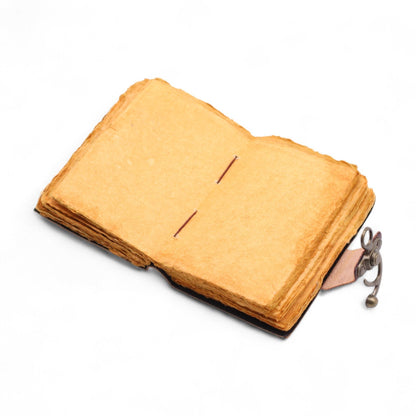 Fat Deckled Leather Notebook – 15.5x10 CM open view showing deckled paper pages and leather cover detail
