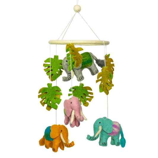 Alt Tag: Förtrollande mobil med filt-elefanter – 18x55 CM med elefanter i filt och hängande blad, spjälsängsdekoration för baby