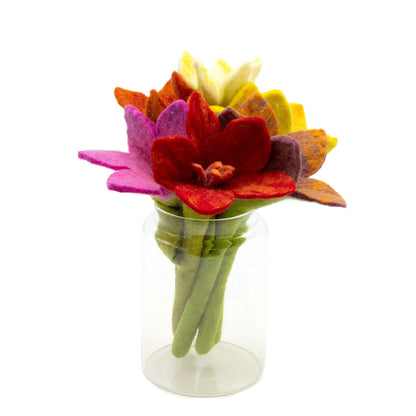 Alt Tag: Felt Lily Flowers – Assorted Colors – 6x Set, colorful felt lilies bouquet in glass jar, 25x10 cm decorative faux flowers