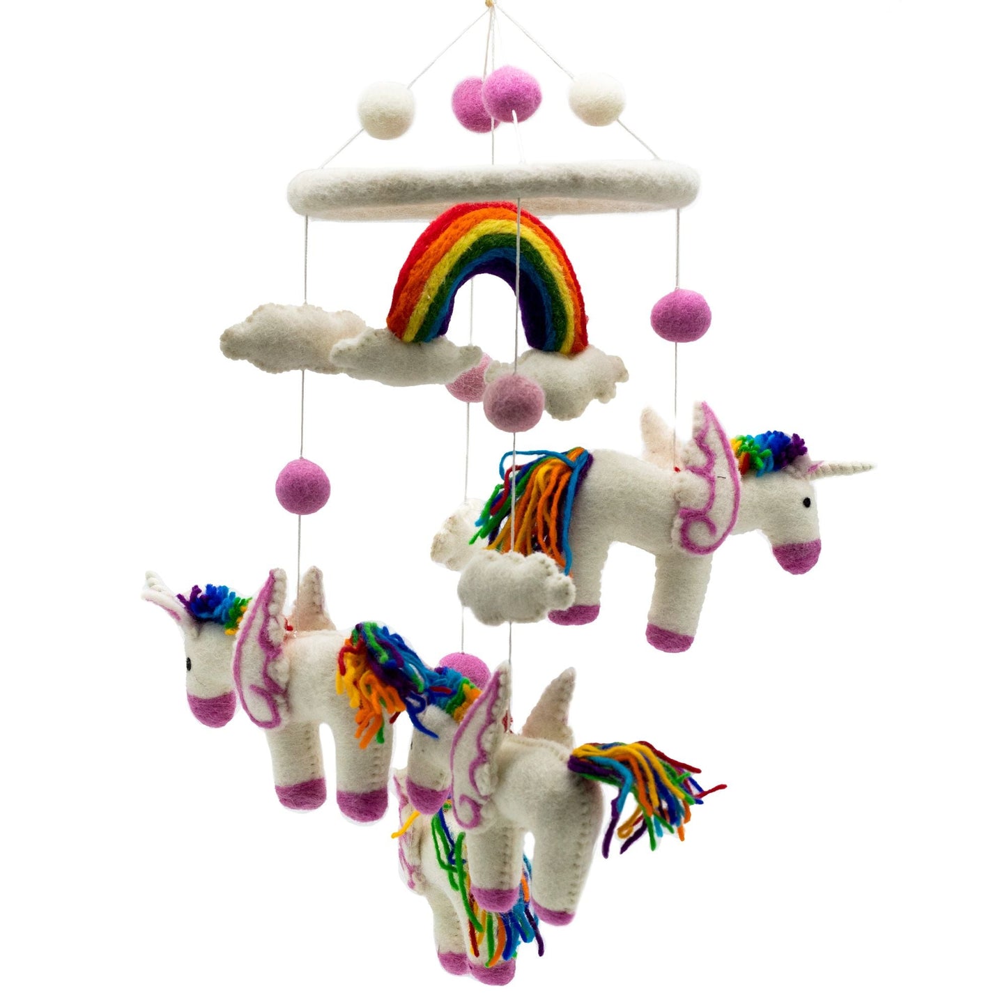 Felt Rainbow Unicorn Mobile – 18x55 CM handmade felt nursery mobile with rainbow, clouds and unicorns hanging with pom-poms