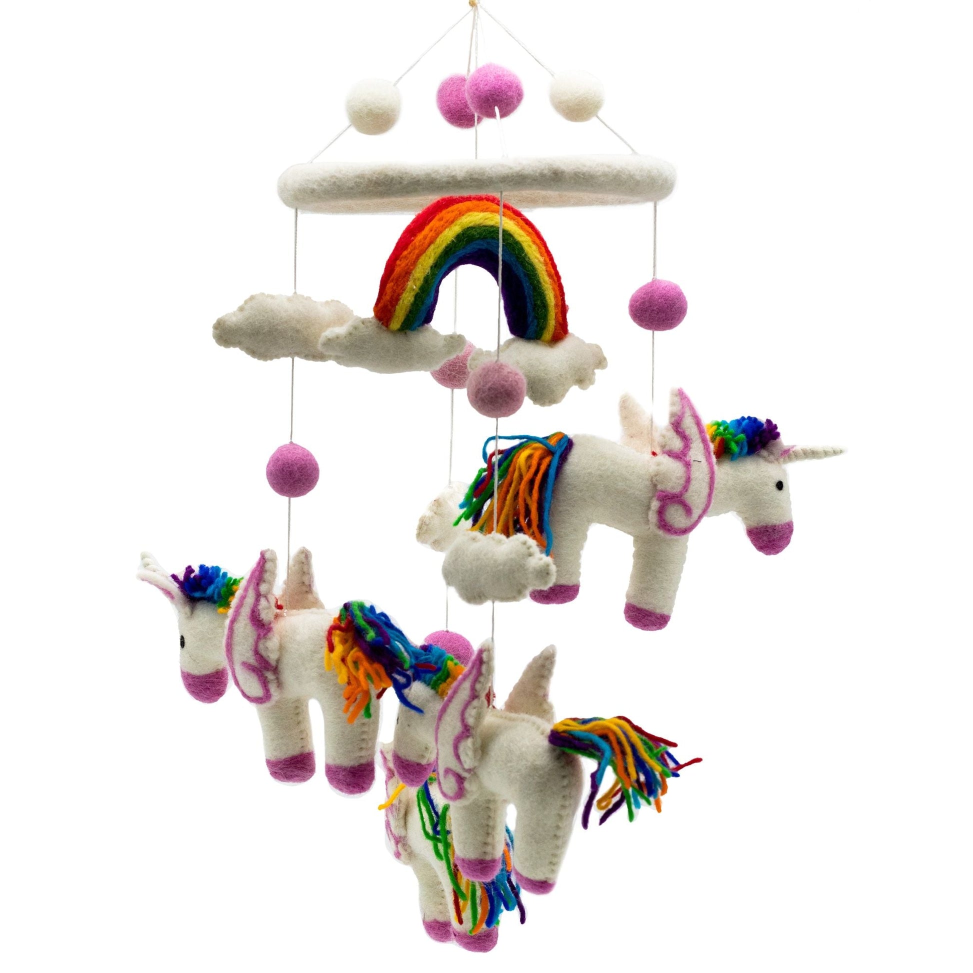 Felt Rainbow Unicorn Mobile – 18x55 CM handmade felt nursery mobile with rainbow, clouds and unicorns hanging with pom-poms
