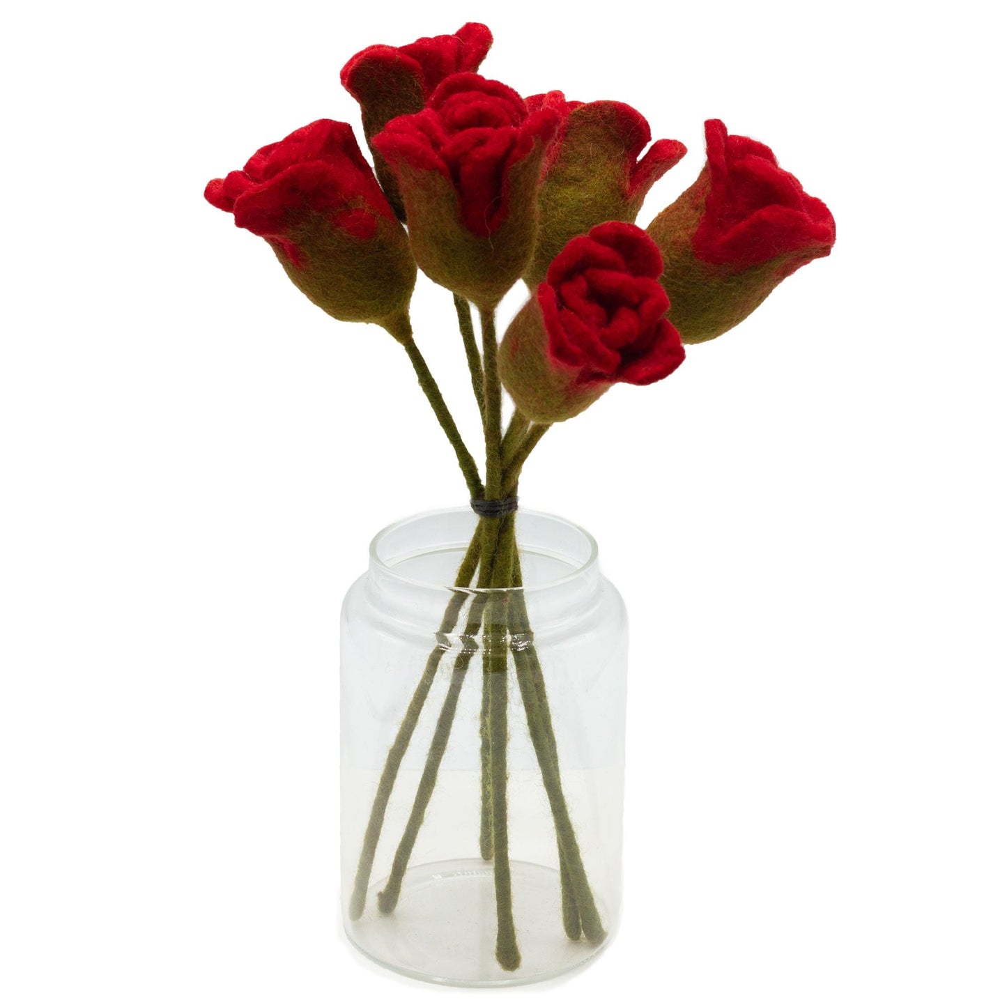 Alt Tag: Felt Red Roses – Set of 6 Elegantly Crafted, handmade red felt roses bouquet in clear glass jar, 31x5 cm