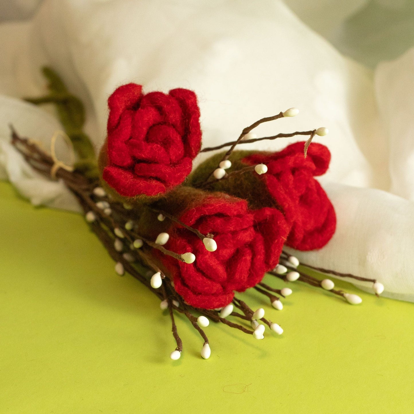 Felt Red Roses – Set of 6 Elegantly Crafted, handmade soft felt red rose bouquet with decorative stems on light background