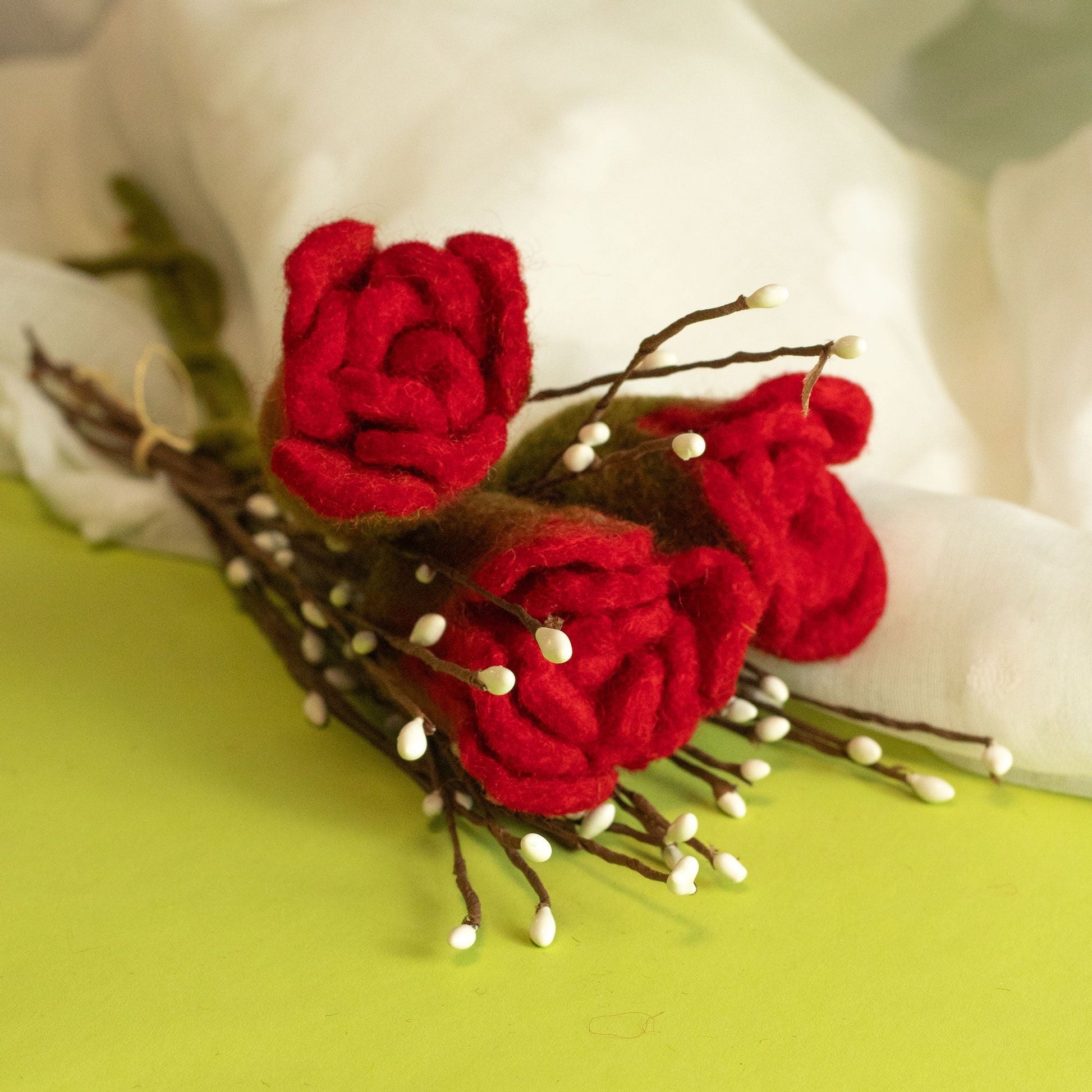 Felt Red Roses – Set of 6 Elegantly Crafted, handmade soft felt red rose bouquet with decorative stems on light background