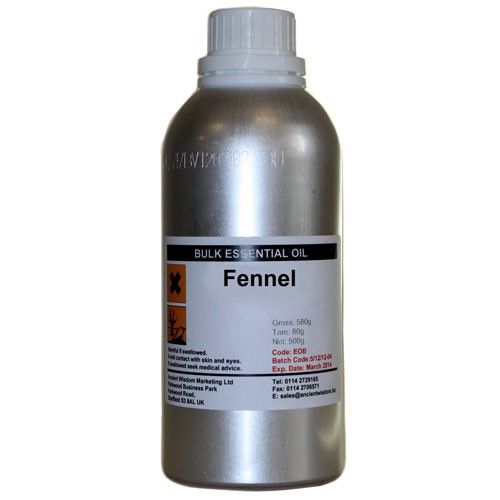 Alt Tag: Fennel Essential Oil – 0.5 KG Bulk bottle, bulk essential oil container labeled Fennel, steam-distilled from crushed seeds