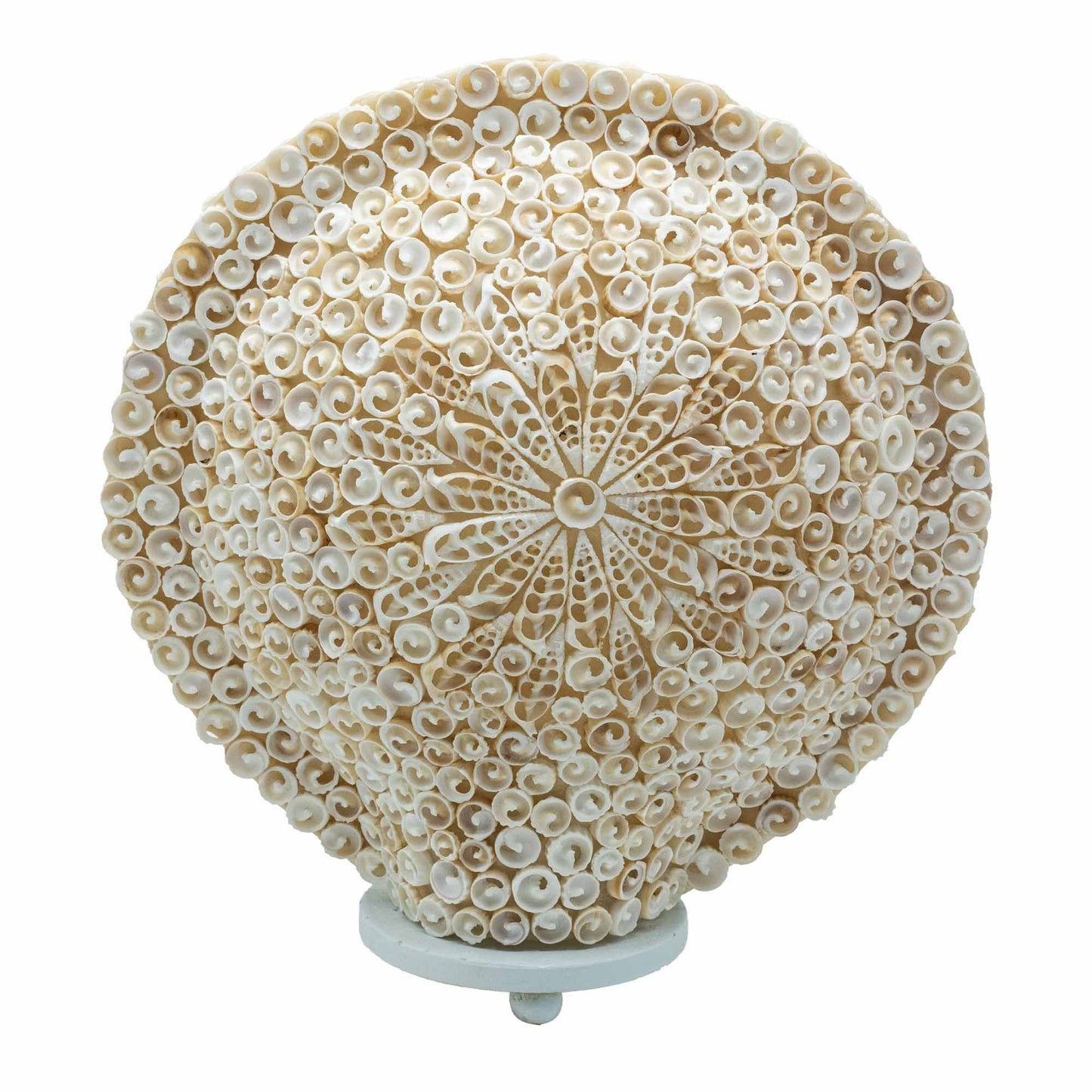 Boho-lampa i glasfiber med snäckskal – stor rund 30 cm, rund lampa på 30 cm med snäckskal i blommönster, elfenbensfärgad