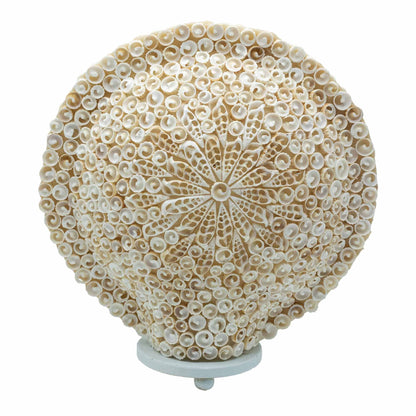 Boho-lampa i glasfiber med snäckskal – stor rund 30 cm, rund lampa på 30 cm med snäckskal i blommönster, elfenbensfärgad