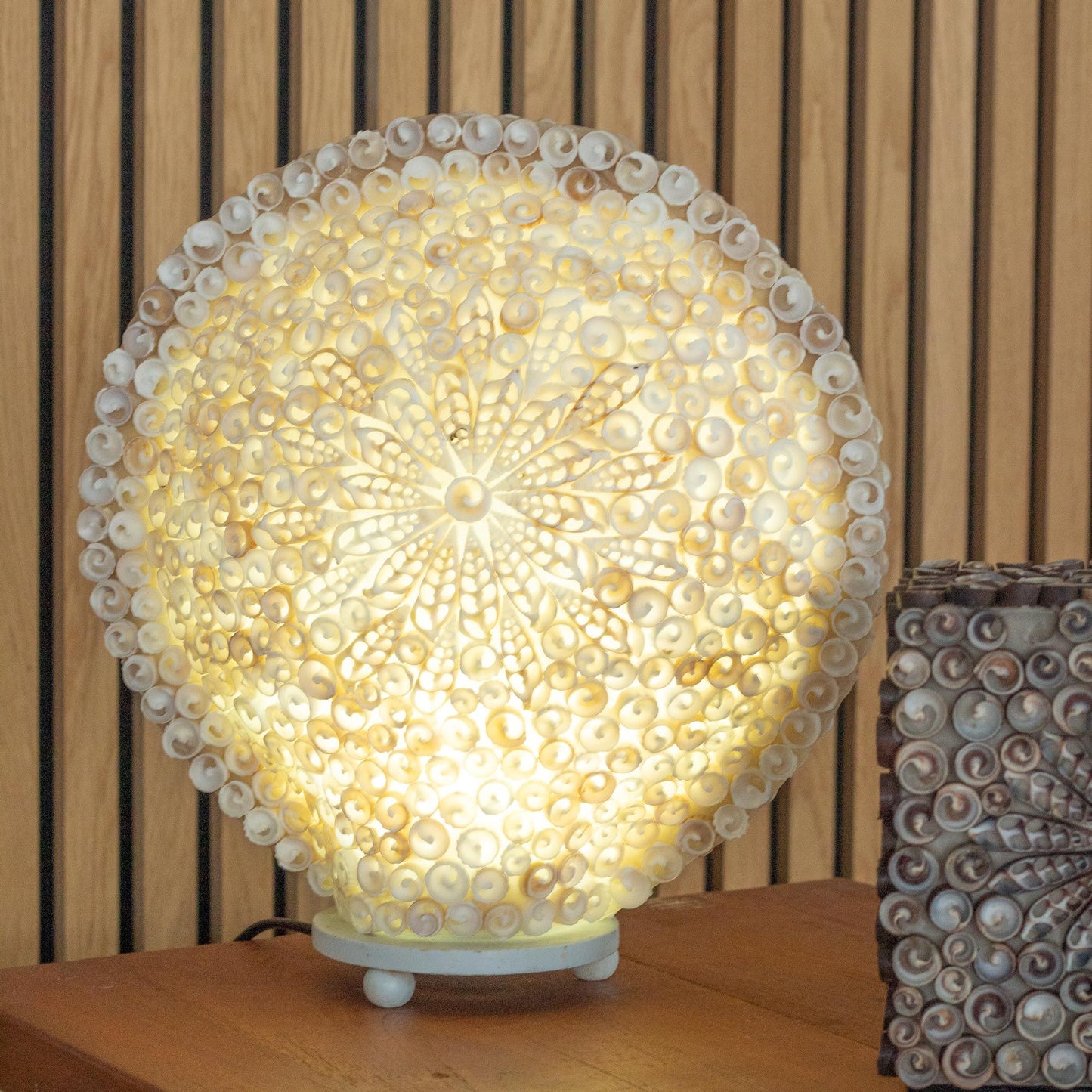Boho-lampa i glasfiber med snäckskal – Stor rund snäckskalsbordslampa på 30 cm med varm glöd, 30 cm i diameter, på träyta