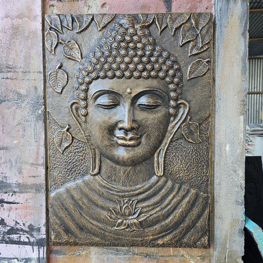 Alt Tag: Fibre Cement Buddha Frame – Antique Gold 100x70 CM, Buddha relief wall art in antique gold finish with lotus and leaf details