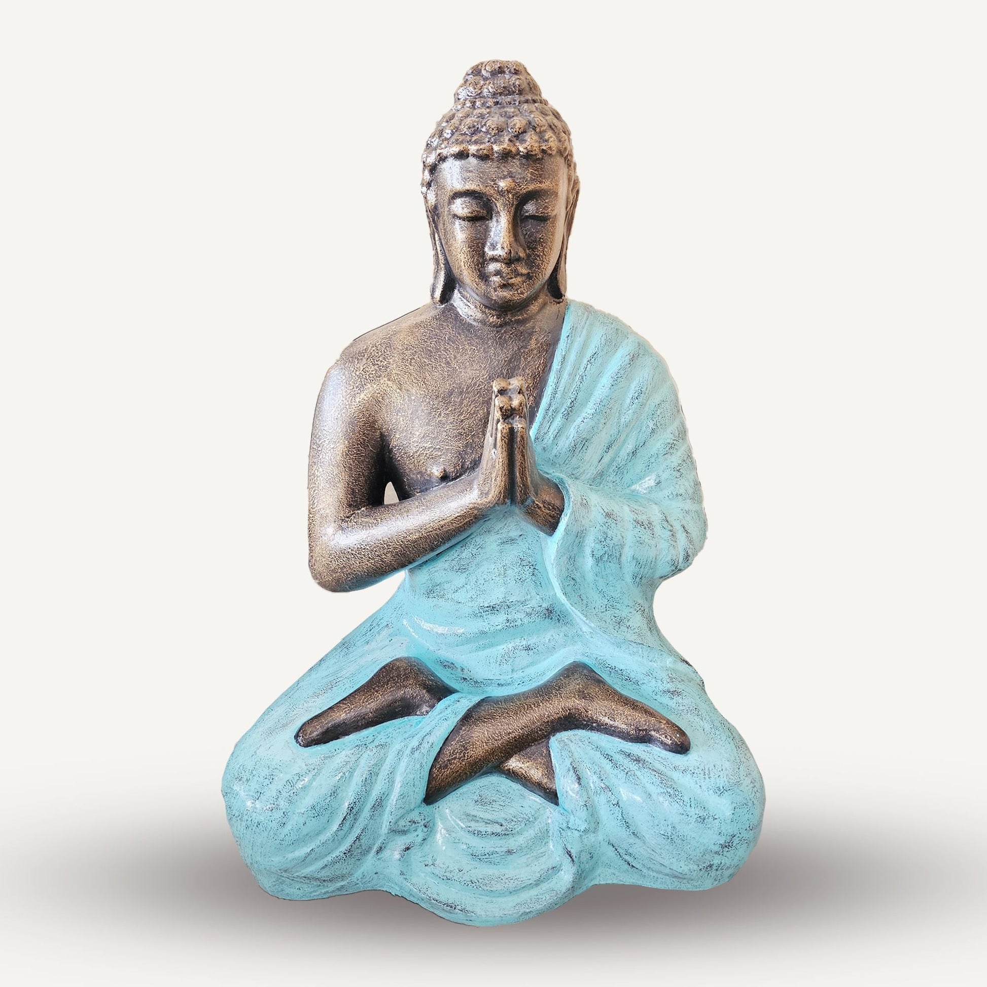Alt Tag: Estatua de Buda de fibrocemento – 1.2M turquesa y dorado, estatua de Buda turquesa y dorada en pose de oración sentado