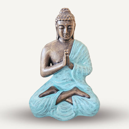 Alt Tag: Estatua de Buda de fibrocemento – 1.2M turquesa y dorado, estatua de Buda turquesa y dorada en pose de oración sentado