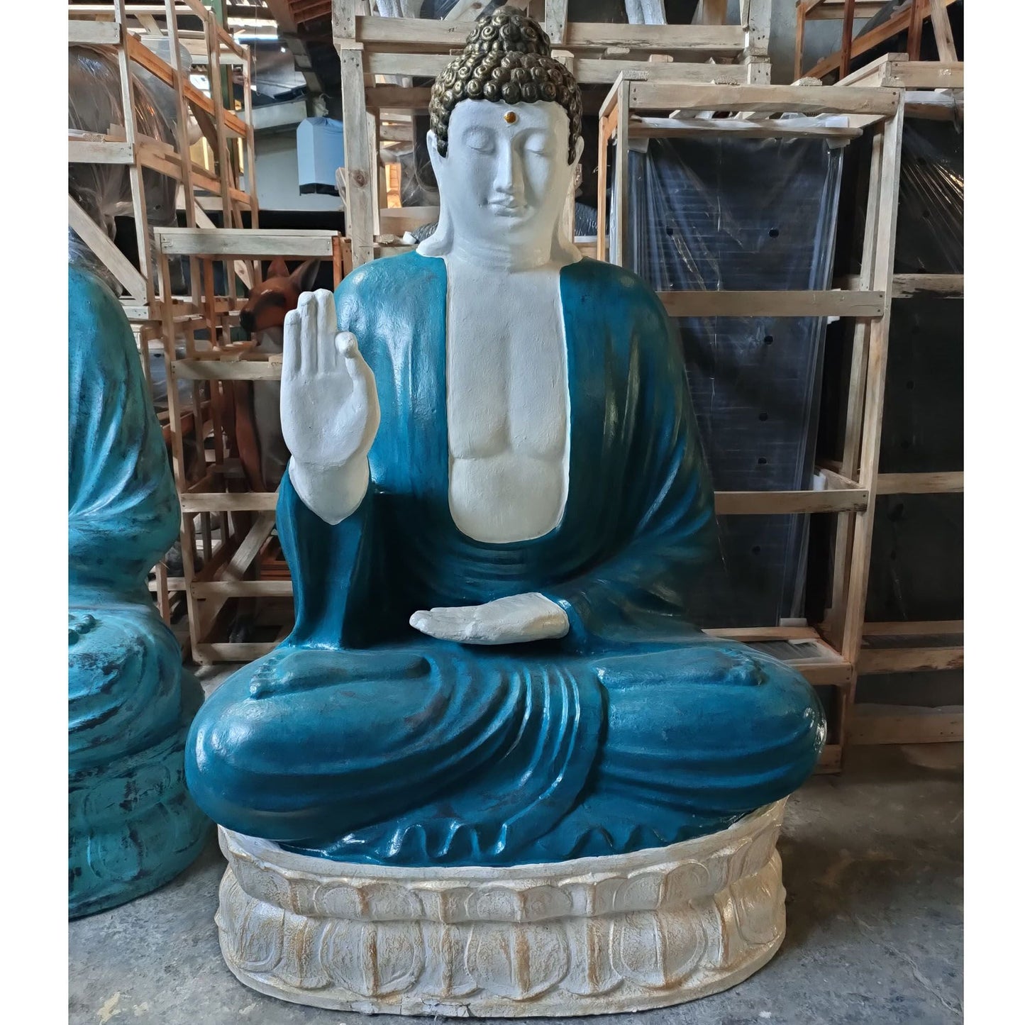 Fibre Cement Buddha Statue – 96 CM turquoise extra large seated Buddha statue with raised hand, indoor or garden decor