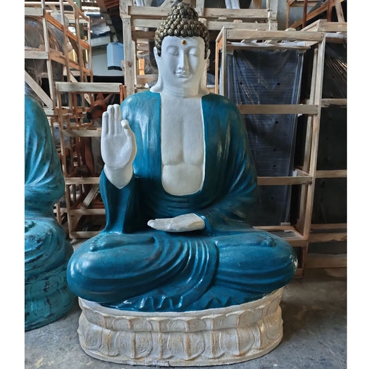Fibre Cement Buddha Statue – 96 CM turquoise extra large seated Buddha statue with raised hand, indoor or garden decor