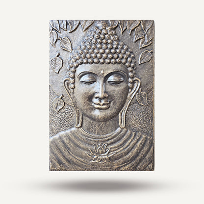 Fiberbetong Buddha Frame – Antikguld 100x70 CM reliefväggkonst med Buddhaansikte och bladdetaljer