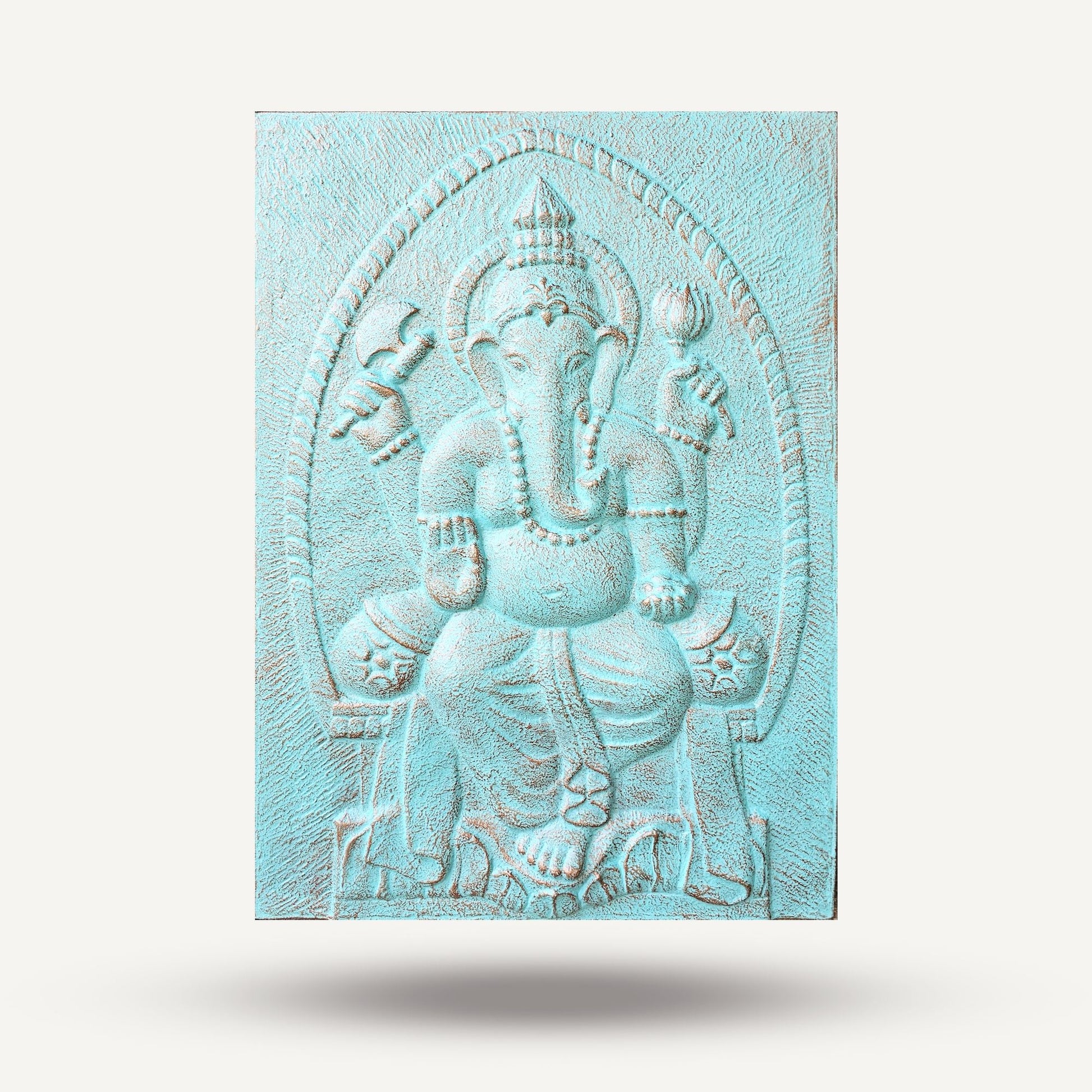Fibre Cement Ganpati Wall Art – 100x70 CM turquoise embossed Ganesha wall panel decor