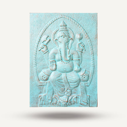 Fibre Cement Ganpati Wall Art – 100x70 CM turquoise embossed Ganesha wall panel decor