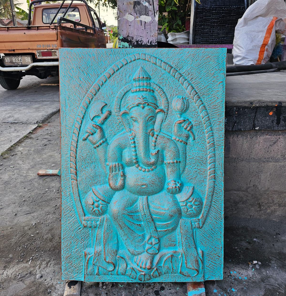 Alt Tag: Fibre Cement Ganpati Wall Art – 100x70 CM turquoise Ganpati relief wall panel, fibre cement wall decor for home