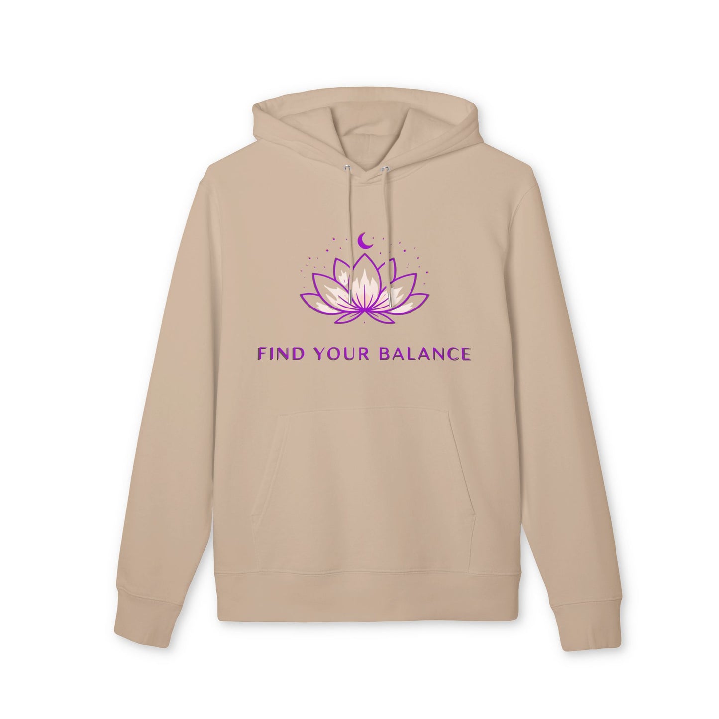 Find Your Balance Yoga Hoodie 100% Organic Cotton beige unisex hoodie with purple lotus graphic and "Find Your Balance" text