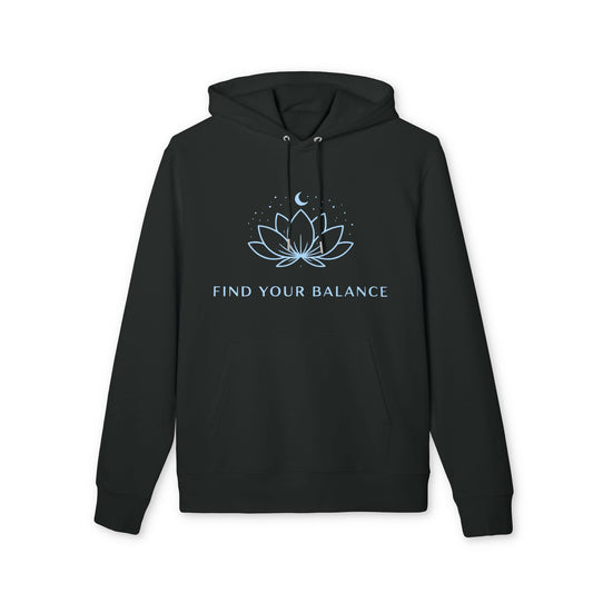 Alt Tag: Find Your Balance Yoga Hoodie 100% Organic Cotton black unisex hoodie with lotus moon graphic and Find Your Balance text