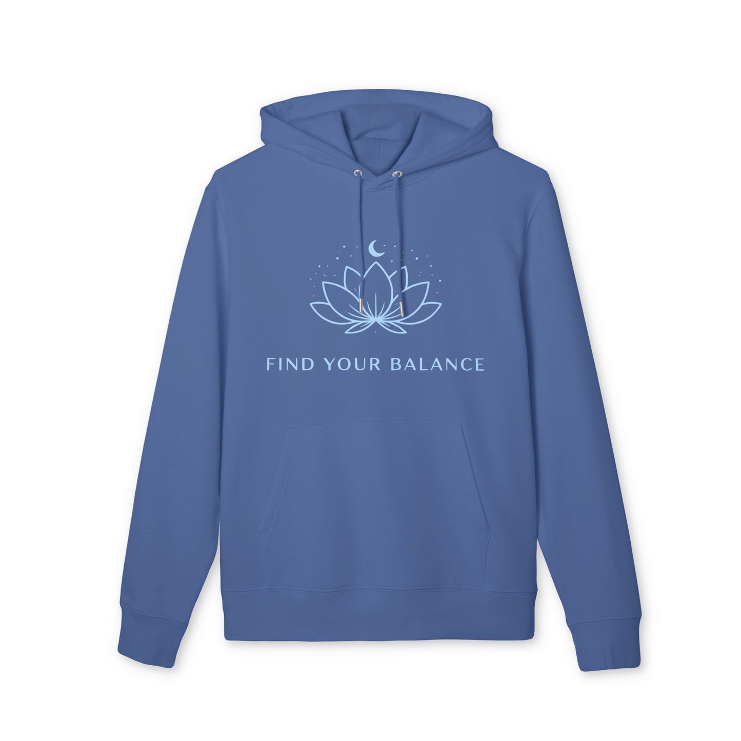 Alt Tag: Find Your Balance Yoga Hoodie 100% Organic Cotton sudadera unisex azul con capucha, diseño de flor de loto y texto “Find Your Balance”
