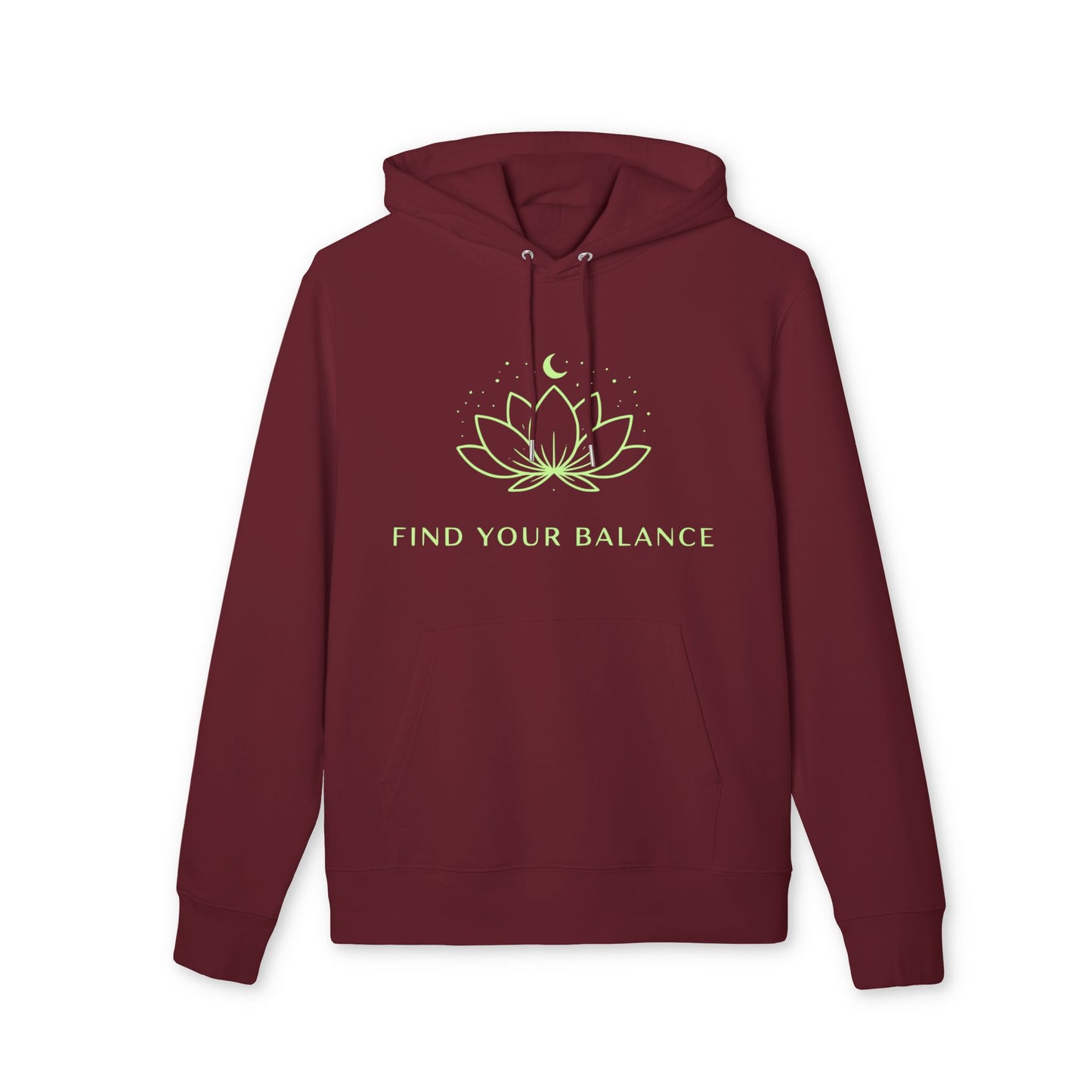 Alt Tag: Find Your Balance Yoga Hoodie 100% Organic Cotton burgundy unisex hoodie with lotus moon graphic and "Find Your Balance" text