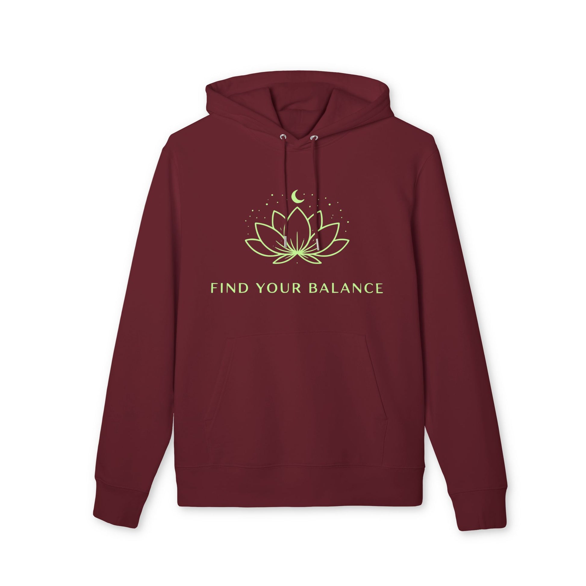 Alt Tag: Find Your Balance Yoga Hoodie 100% Organic Cotton burgundy unisex hoodie with lotus moon graphic and "Find Your Balance" text