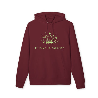 Alt Tag: Find Your Balance Yoga Hoodie 100% Organic Cotton burgundy unisex hoodie with lotus moon graphic and "Find Your Balance" text