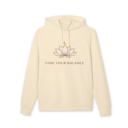 Alt Tag: Find Your Balance Yoga Hoodie 100% Organic Cotton unisex beige hoodie with lotus graphic and "Find Your Balance" text