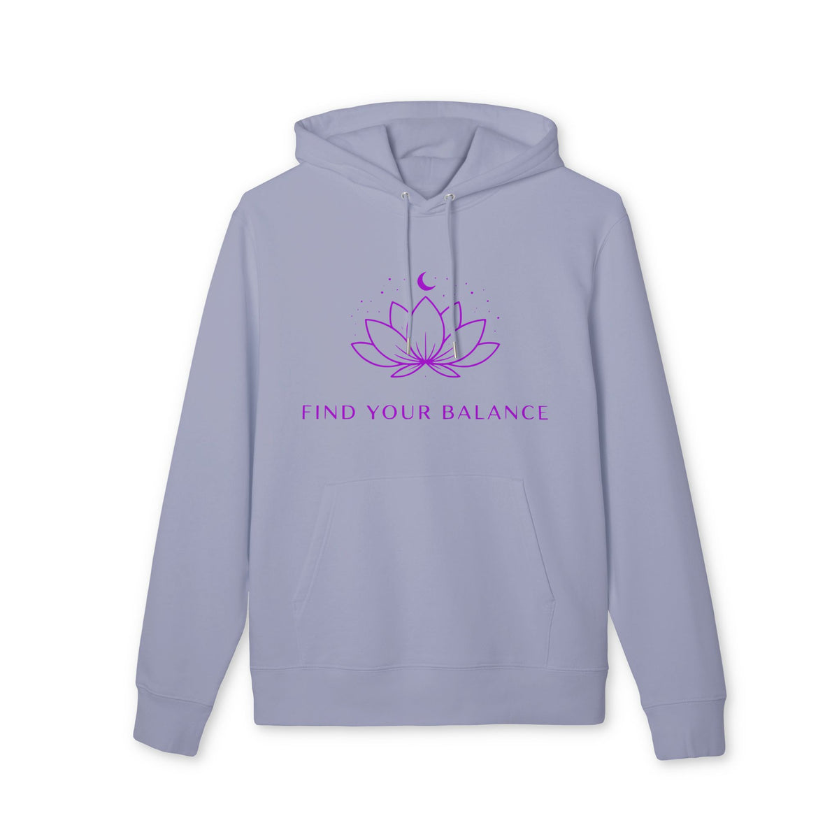 Find Your Balance Yoga Hoodie 100% Organic Cotton light blue unisex pullover with hood and front pocket, lotus graphic and 