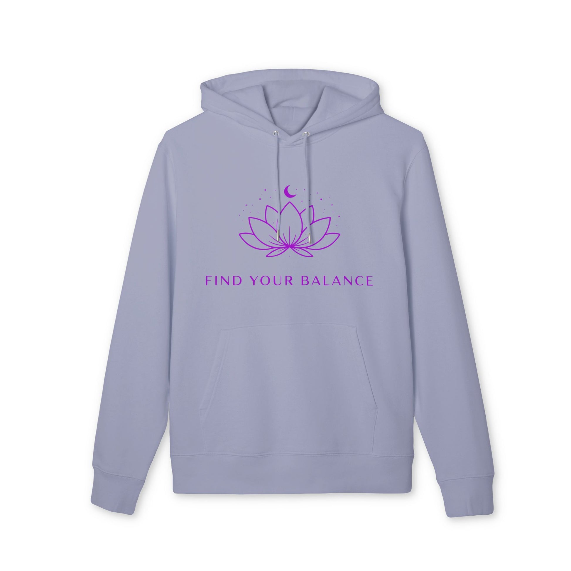 Find Your Balance Yoga Hoodie 100% Organic Cotton light blue unisex pullover with hood and front pocket, lotus graphic and "FIND YOUR BALANCE"