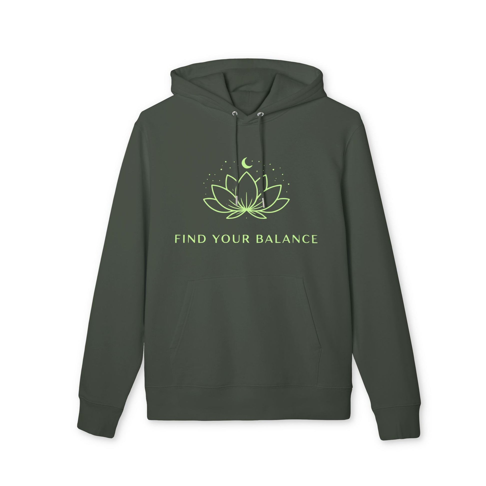 Find Your Balance Yoga Hoodie 100% Organic Cotton unisex hoodie in dark green with lotus moon graphic and front pocket